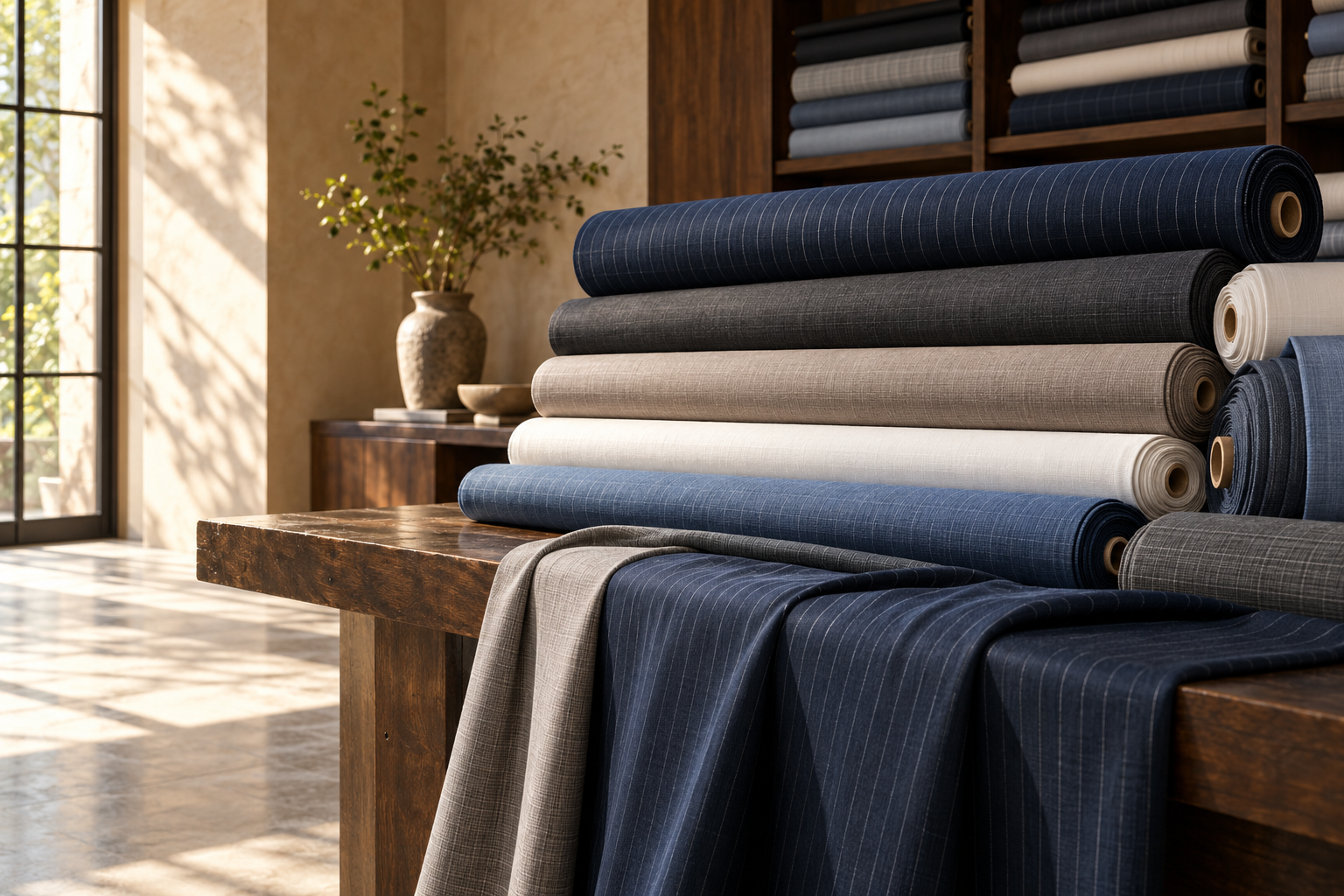 Premium fabric rolls in a sunlit textile showroom
